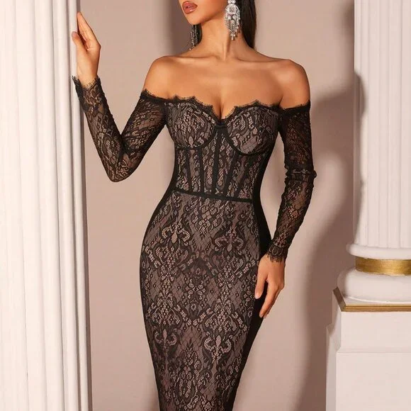 Black Party Women's Elegant Lace Sweetheart Neck Backless Cocktail Dress
